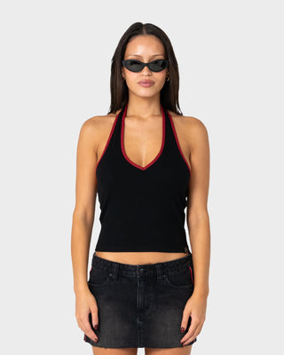 Woman wearing Halley Halter Top in Black