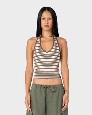 Woman wearing Halley Halter Top in Retro Amber Stripe