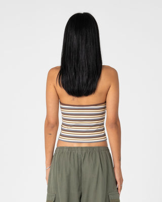 Woman wearing Halley Halter Top in Retro Amber Stripe