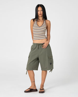 Woman wearing Halley Halter Top in Retro Amber Stripe