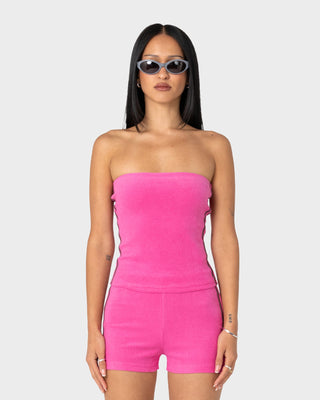 woman-wearing-lamar-towelling-skimmer-tube-top-in-fuchsia-pink