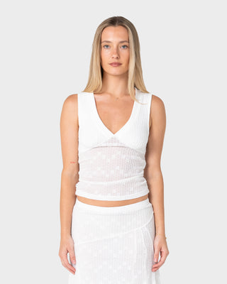 Woman wearing Roma Low V Lace Top in White