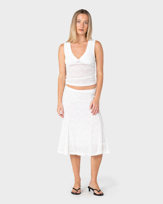 Woman wearing Roma Low V Lace Top in White