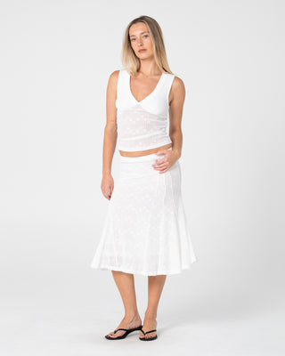 Woman wearing Roma Low V Lace Top in White