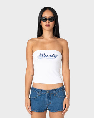 Woman wearing Horny Devil Boob Tube in White