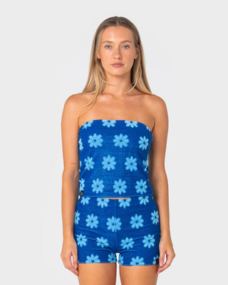 Woman wearing Bloom Towelling Skimmer Tube Top in Royal Blue / Blue