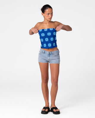 Woman wearing Bloom Towelling Skimmer Tube Top in Royal Blue / Blue