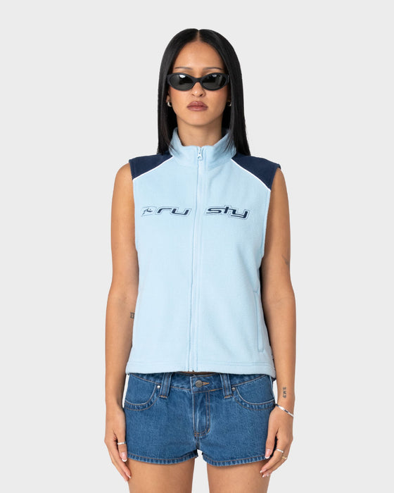 woman-wearing-mr-cool-polar-fleece-vest-in-aqua-dark-blue