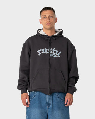 Man wearing Monty 2.0 Zip Thru Hooded Fleece in Carbon
