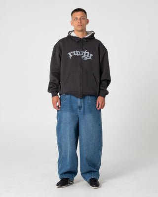 Man wearing Monty 2.0 Zip Thru Hooded Fleece in Carbon