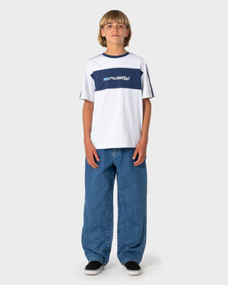 Boy wearing Dr Dot Jeans Boys in Middy Blue