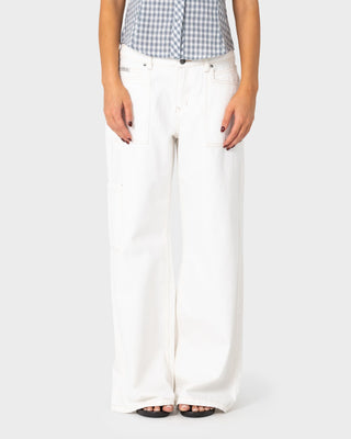 Woman wearing Work It Low Rise Cargo Pant in Snowy White