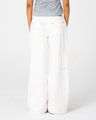 Woman wearing Work It Low Rise Cargo Pant in Snowy White