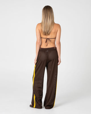 Woman wearing Rag Stripe Wide Leg Mesh Pant in Java / Amber