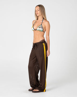 Woman wearing Rag Stripe Wide Leg Mesh Pant in Java / Amber