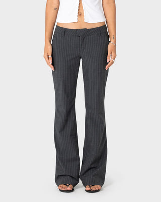 Woman wearing Finance Mummy Pin/S Low Rise Suit Pant in Grey Pin Stripe