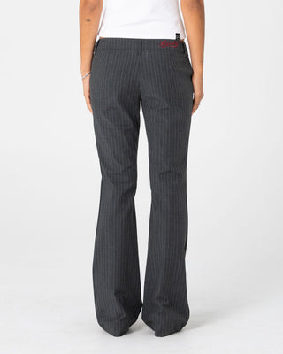 Woman wearing Finance Mummy Pin/S Low Rise Suit Pant in Grey Pin Stripe