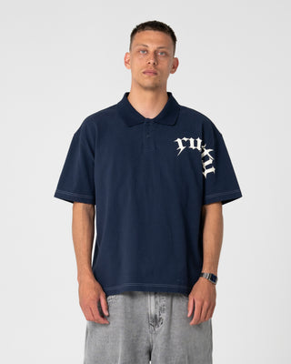 Man wearing Blinker Short Sleeve Polo in Navy Blue
