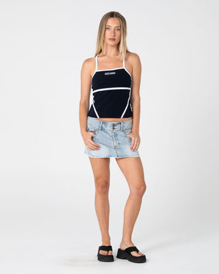 Woman wearing Chaos Low Rise Micro Mini Skirt in Worn Out
