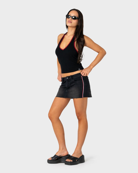 woman-wearing-flip-mommy-raw-low-rise-mini-denim-skirt-in-blasted-black-red