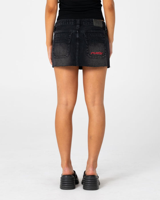 woman-wearing-flip-mommy-raw-low-rise-mini-denim-skirt-in-blasted-black-red
