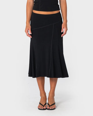 Woman wearing Vixen Low Rise Midi Skirt in Black