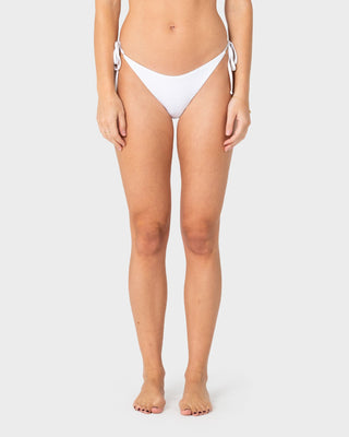 Woman wearing Cedar Midi Side Ties Bikini Bottom in White