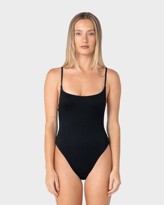 Woman wearing Cedar Hi Leg One Piece in Black