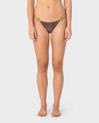 Woman wearing Viper Ring Midi Bikini Bottom in Java / Gold