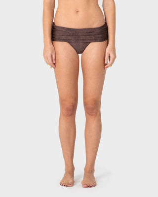 Woman wearing Viper Ruched Sides Bikini Bottom in Java / Gold