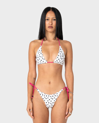 Woman wearing Miss Dot Tri Bikini Top in Cream / Black R Dot