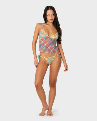 Woman wearing Check Moi Brazilian Bikini Bottom in Multi Check