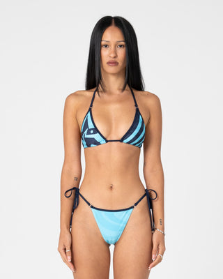 Woman wearing Stardom Tri Bikini Top in Navy / Aqua
