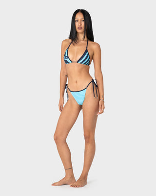 Woman wearing Stardom Tri Bikini Top in Navy / Aqua