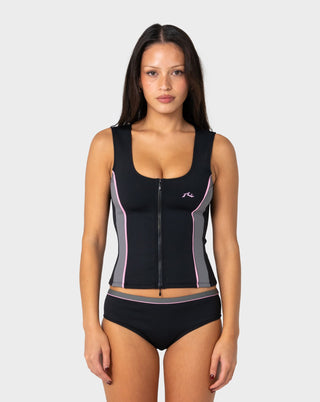 Woman wearing Farrah Scoop Zip Through Rash Top in Black / Pink
