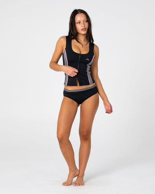 Woman wearing Farrah Scoop Zip Through Rash Top in Black / Pink