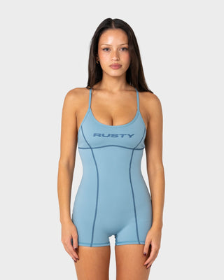 Woman wearing Low-key Romper One Piece in Smoke Blue