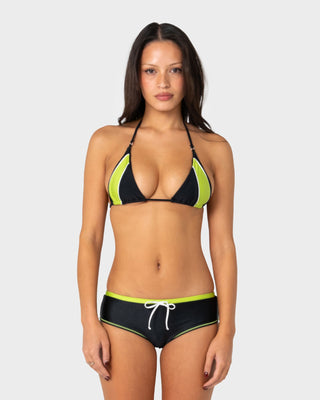 Woman wearing Voltron Tri Bikini Top in Black / Lime