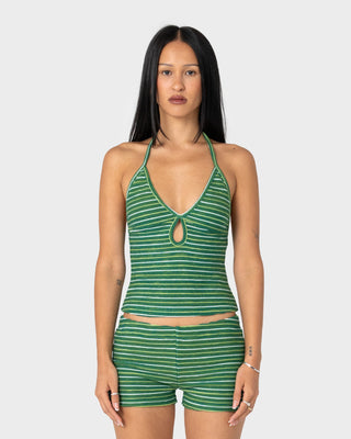 woman-wearing-emma-cut-out-skimmer-tank-in-tonal-green-stripe
