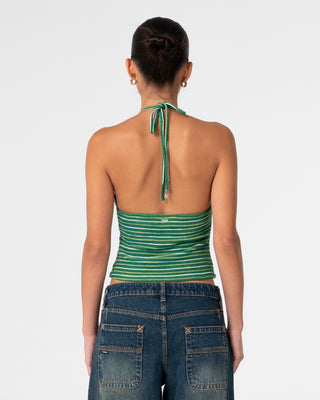 Woman wearing Emma Cut Out Skimmer Tank in Tonal Green Stripe