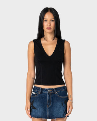 Woman wearing Vixen Vee Neck Jersey Tank in Black