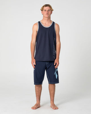 Man wearing Speedrun Tank in Navy Blue