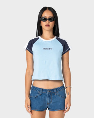 Woman wearing Bradley Mini Cap Sleeve Tee in Retro Blue