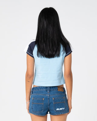 Woman wearing Bradley Mini Cap Sleeve Tee in Retro Blue