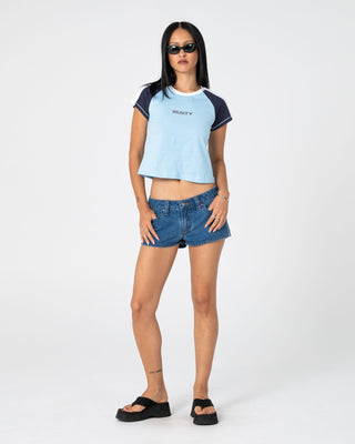 Woman wearing Bradley Mini Cap Sleeve Tee in Retro Blue