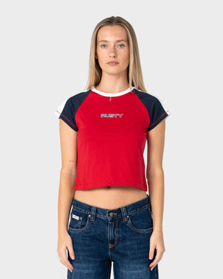 Woman wearing Bradley Mini Cap Sleeve Tee in Red