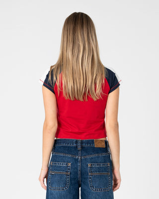 Woman wearing Bradley Mini Cap Sleeve Tee in Red