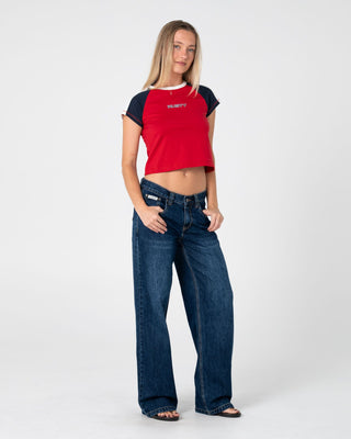 Woman wearing Bradley Mini Cap Sleeve Tee in Red