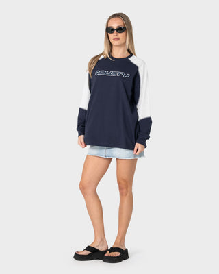 Woman wearing Timmy Target Contrast L/S Tee in Navy Blue