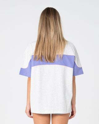 Woman wearing Kinetic Oversize Tee in Grey Marle / Mulberry Purple